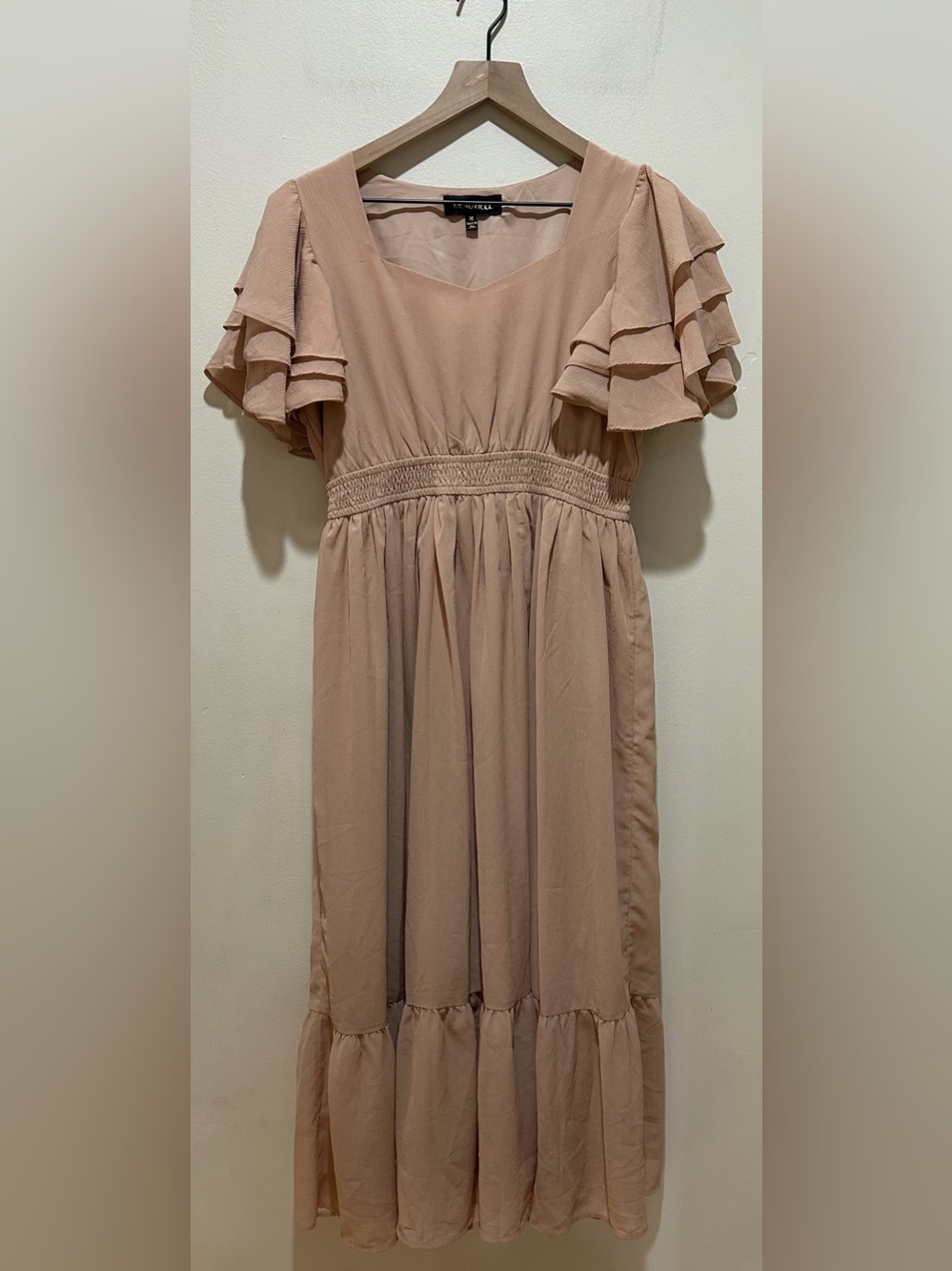 Deauville Maxi Ruffle Short Sleeve Desert Sand Beige Dress - Women's Size Medium